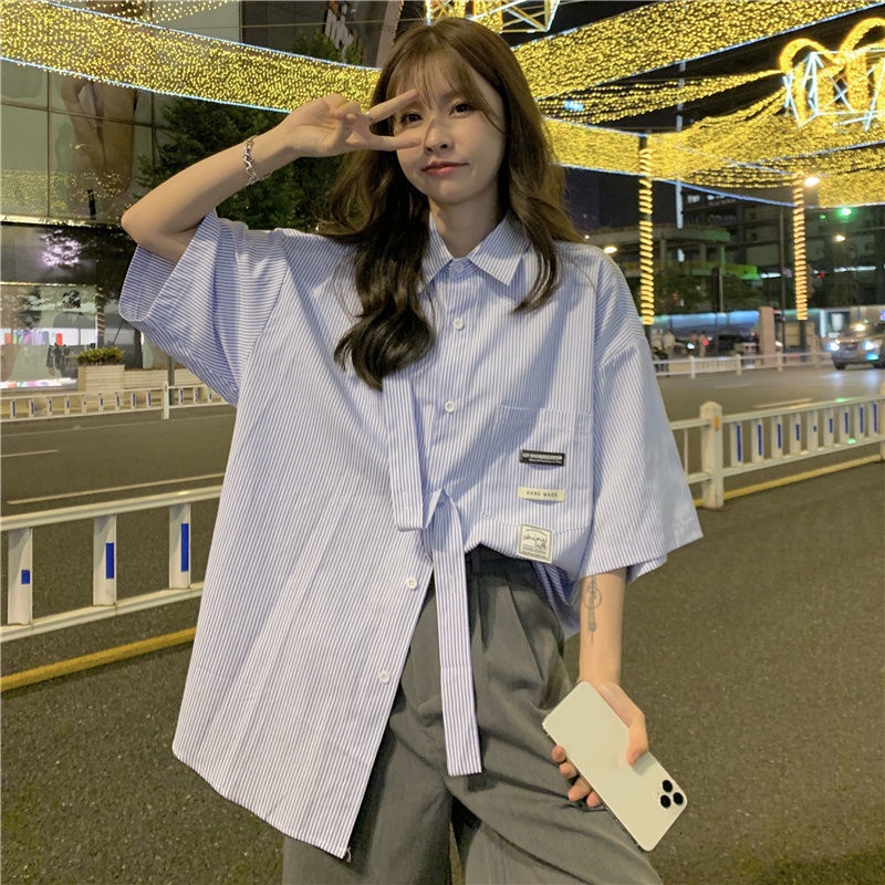 Áo Sơ Mi Tay Lỡ Dáng Rộng Họa Tiết Kẻ Sọc Thời Trang Hàn Quốc Cho Nữ
