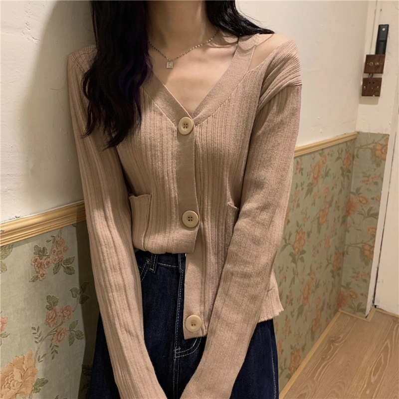 Áo cardigan ZHELIHANGFEI dệt kim tay dài cổ chữ V lưng cao phong cách phương Tây