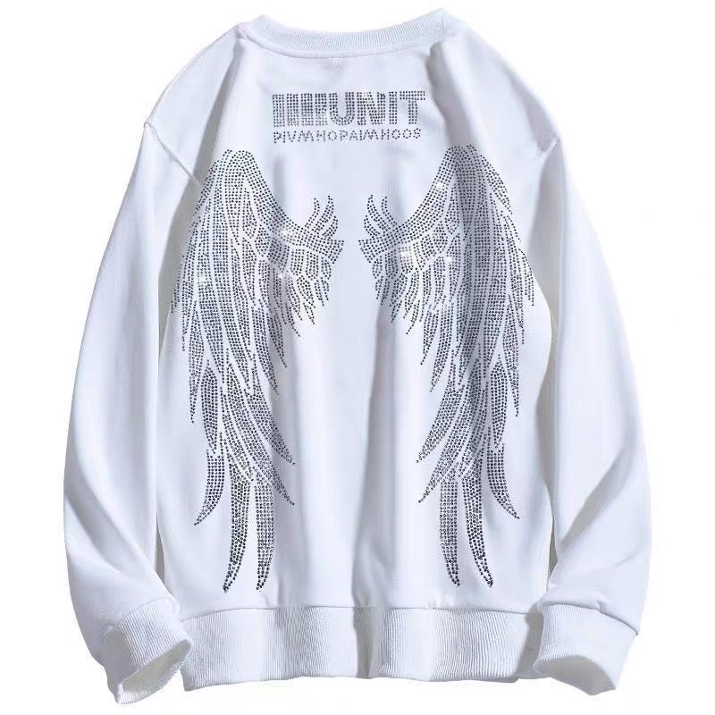 Áo Sweater Cổ Tròn Dáng Rộng Họa Tiết Đôi Cánh Đính Đá Thời Trang Đường Phố Cho Nam
