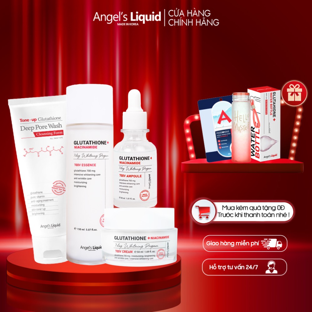 Bộ 4 Sản Phẩm Mờ Nám Dưỡng Trắng Da Chuyên Sâu Angel's Liquid Niacinamide Plus Glutathione Whitening Program