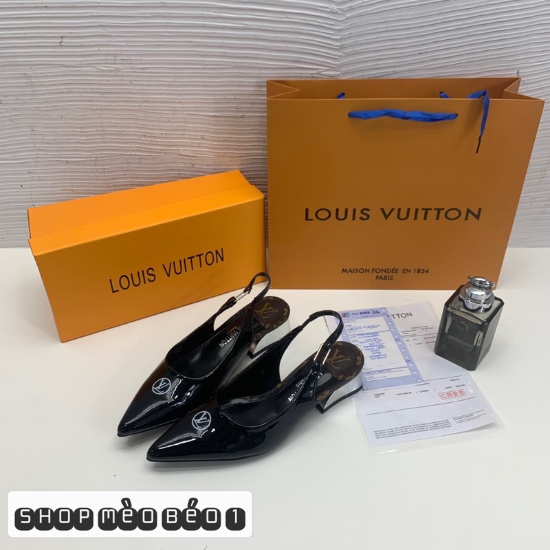 Sandal lv mũi nhọn gót gương đế vuông fullbox
