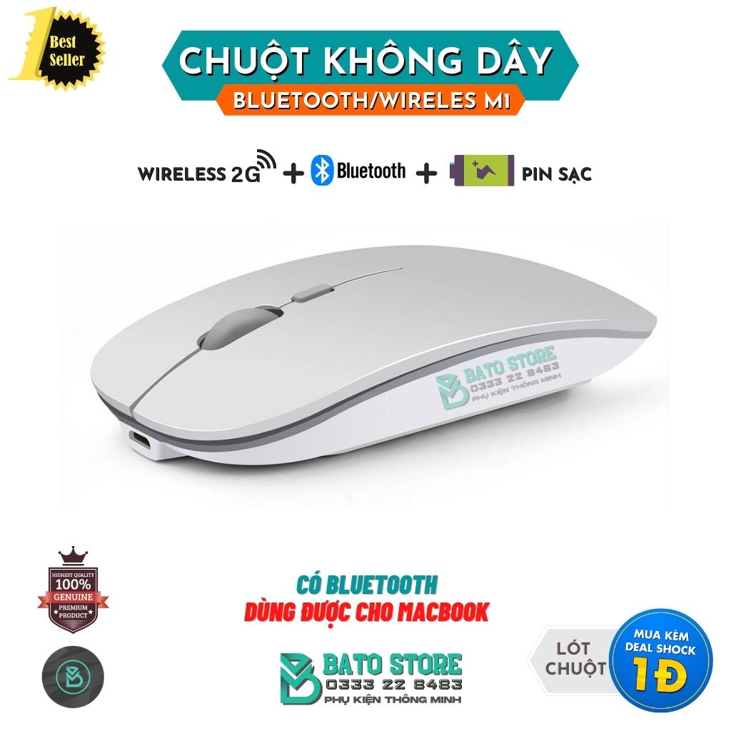 Chuột không dây tự sạc M1 Cao Cấp (Wireless/Bluetooth Mouse Re-chargeable) chuyên dùng cho Máy tính, Laptop, Phone, Tivi