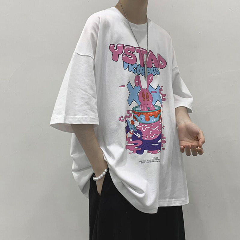 Áo thun tay ngắn dáng rộng họa tiết Graffiti phong cách Hong Kong thời trang mùa hè cho nam