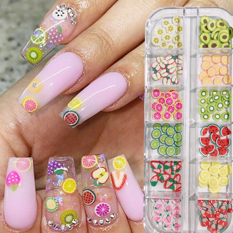 Hộp 12 ngăn hạt phụ kiện trang trí móng tay hình trái cây 3d nhiều kiểu sáng tạo