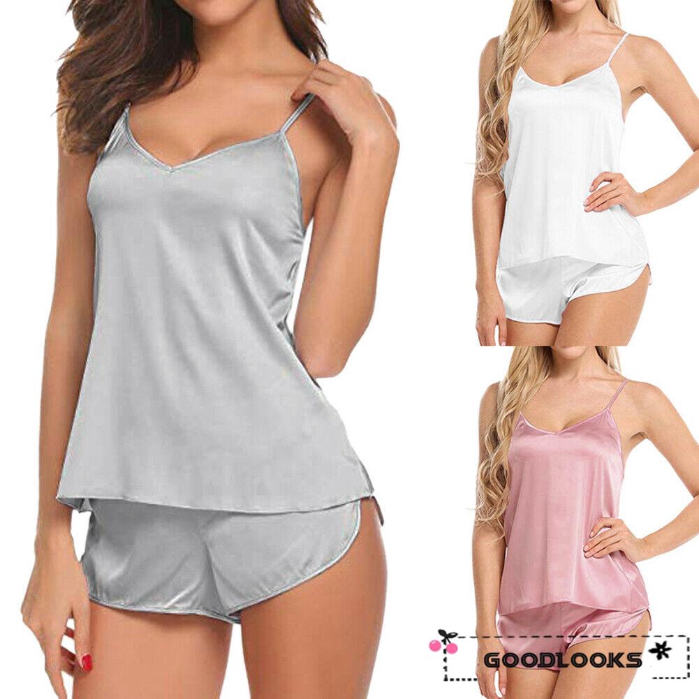 Bộ Đồ Ngủ Lụa Satin Không Tay Cổ Chữ V Gợi Cảm Cho Nữ
