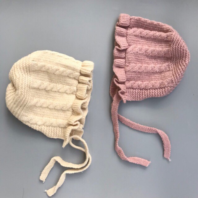 Mũ len cho bé viền bánh bèo có dây buộc cực xinh cho bé gái từ 6 tháng đến 2 tuổi