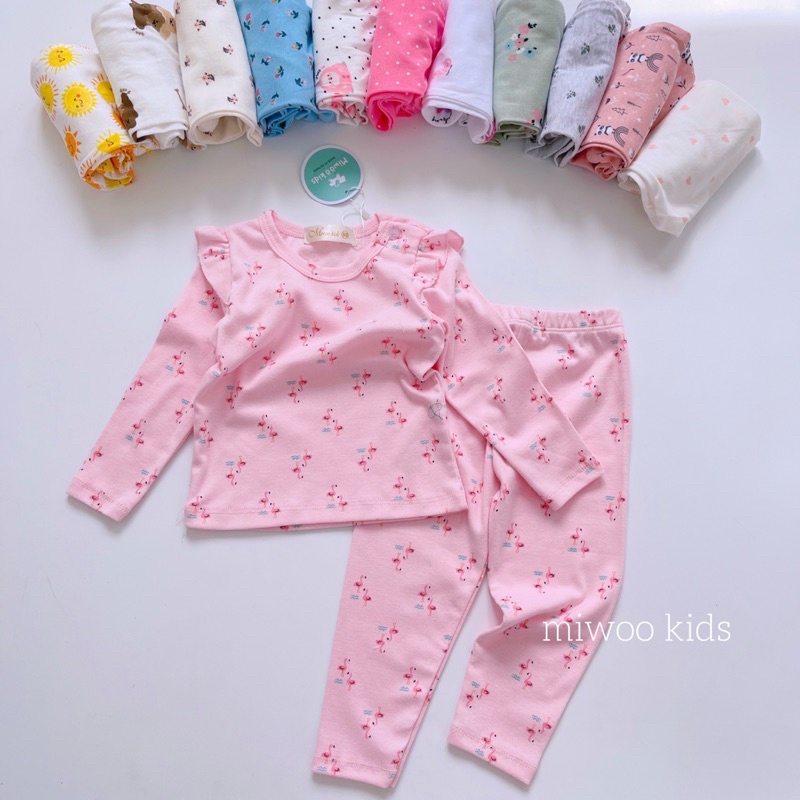 Bộ dài tay nhún bèo cài vai miwoo cho bé gái 8-18kg