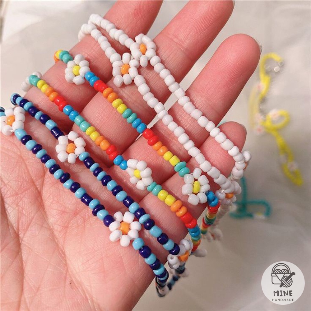Vòng tay chuỗi hạt cườm hoa cúc, mặt cười nhiều màu đơn giản thời trang Vòng tay cầu vồng dễ thương