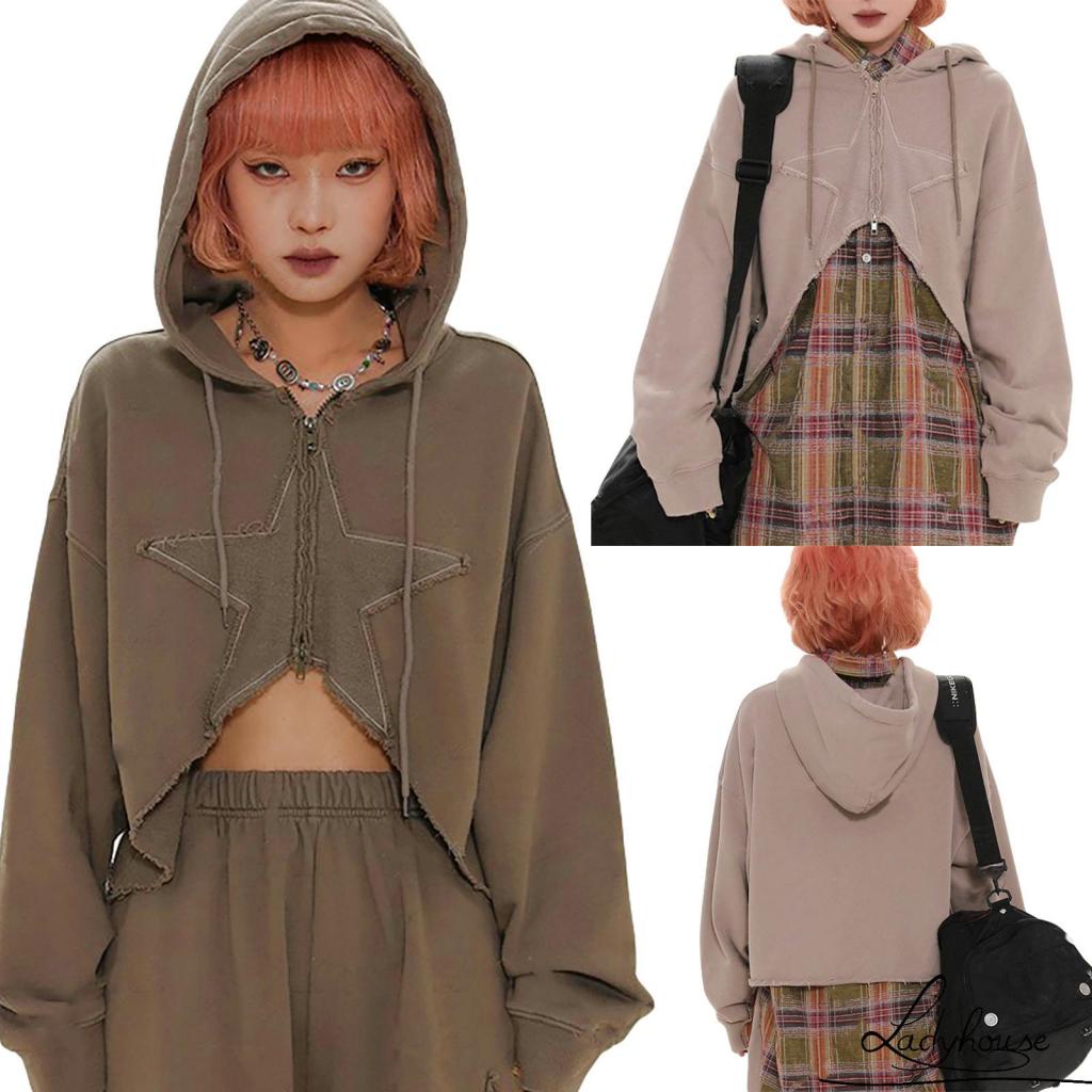 Ldd-áo Khoác Ngoài Có Nón Dây Rút Họa Tiết Ngôi Sao Ghép Nối Viền Kiểu Cách Đơn Giản Cho Nữ