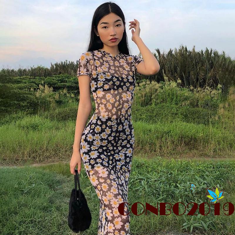 Đầm Lưới Tay Ngắn Cổ Tròn In Họa Tiết Hoa Cúc Xinh Xắn Thời Trang Cho Nữ