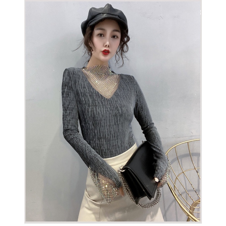 Áo thun tay dài phối lưới đính đá thời trang xuân thu dành cho nữ 2021