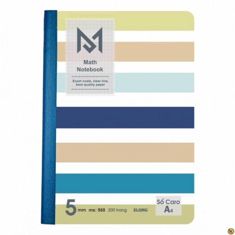 Sổ (vở) may dán gáy Caro A4 Math Notebook KLONG 200 trang, định lượng 70g/m2; MS 988