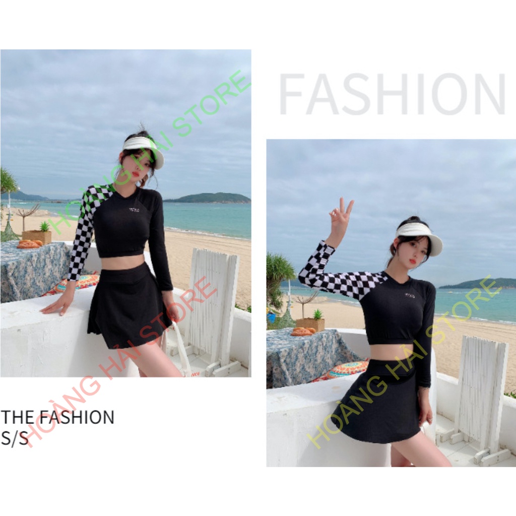 Bộ đồ bơi bikini kín đáo nữ hai mảnh đi tắm biển áo dài tay kèm váy - B34