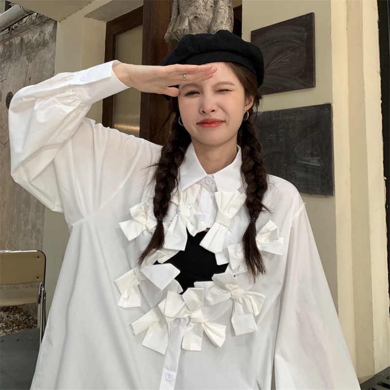 Áo sơ mi kiểu ZHELIHANGFEI cổ lật dáng rộng phối nơ dễ thương phong cách học đường thời trang dành cho nữ