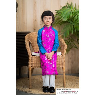 Áo dài bé gái gấm hoa nền hồng tay tơ tằm xanh