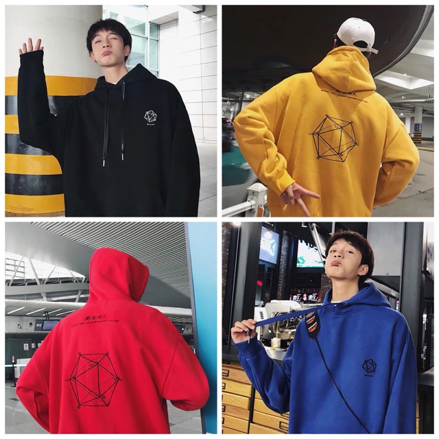 Áo hoodie vải nỉ lót bông dày dặn thêu hình khối