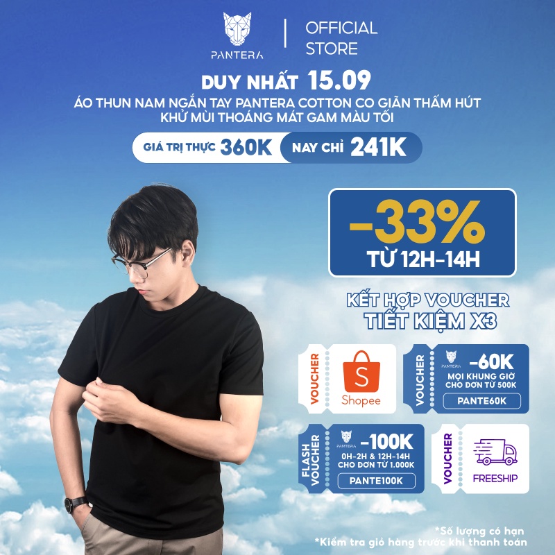 Áo thun nam ngắn tay PANTERA cotton co giãn thấm hút khử mùi thoáng mát Gam màu tối