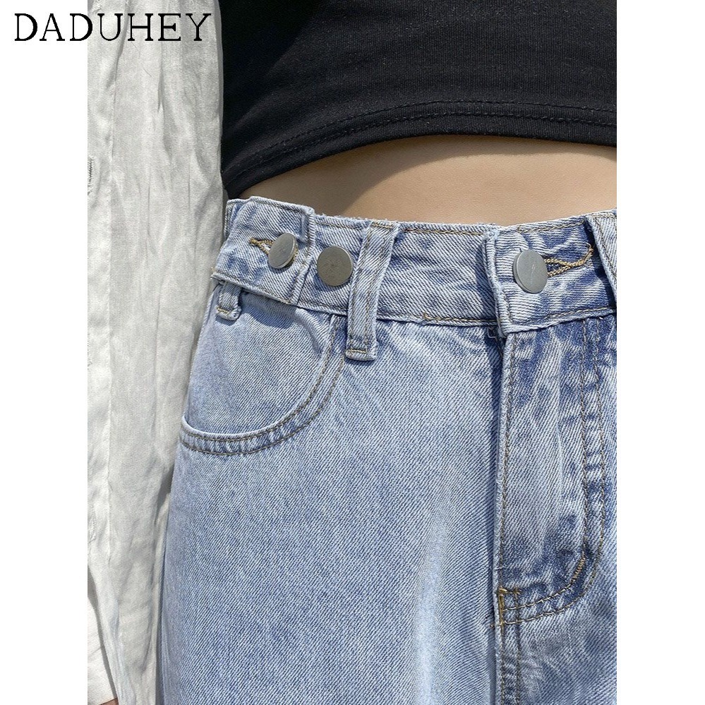 Quần jeans dài daduhey vải denim ống rộng lưng cao có thể điều chỉnh được thời trang dành cho nữ (có thắt lưng)