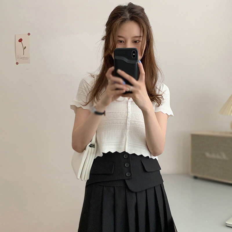 Áo Dệt Kim Tay Ngắn Cổ Chữ V Hở Rốn Thời Trang Cho Nữ