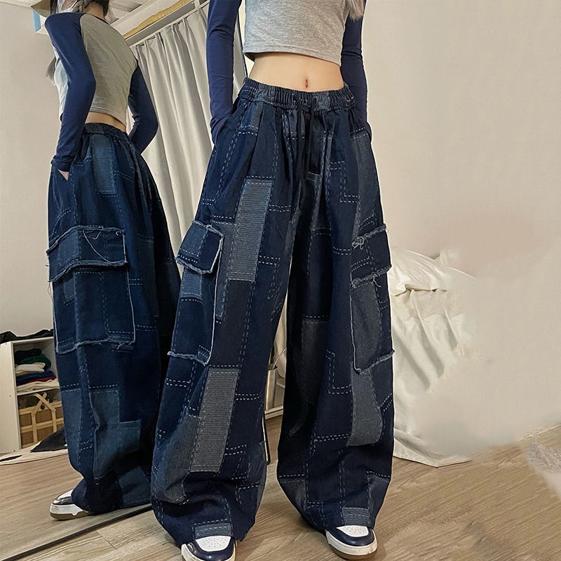 Quần Yếm Jean Ống Rộng Phong Cách Retro Mỹ Cho Nữ