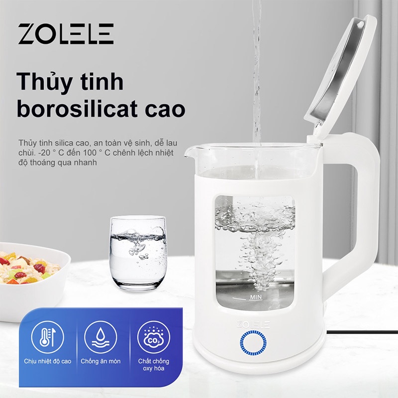 Ấm đun nước siêu tốc ZOLELE ZH100 chất liệu thủy tinh dung tích 1.7L 1355W