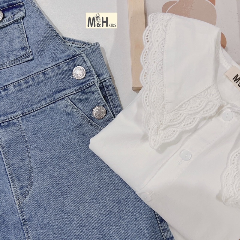 Bộ Yếm Bò Kèm Áo Sơ Mi Cổ Ren Cực Sang Chảnh Cho Bé Gái NIAKI - TT58