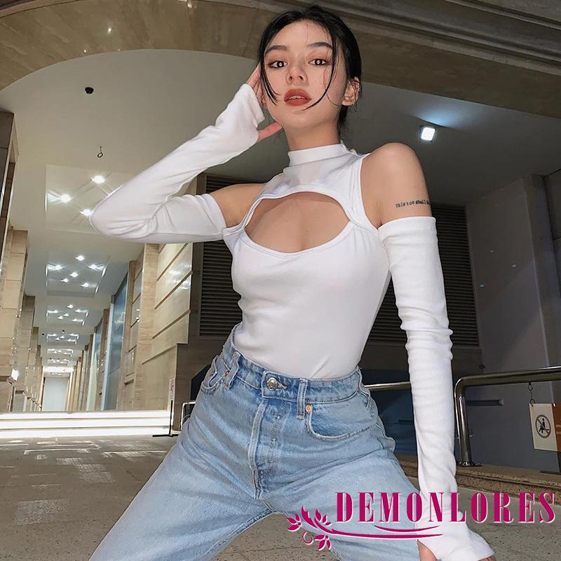 Áo Liền Quần Cổ Cao Nửa Vai Tay Dài Màu Trơn Khoét Lỗ Thời Trang Cho Nữ