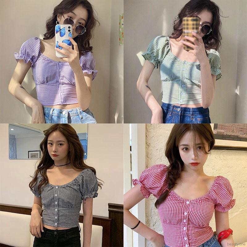 Áo kiểu ngắn tay cổ vuông họa tiết sọc ca rô thời trang dành cho nữ