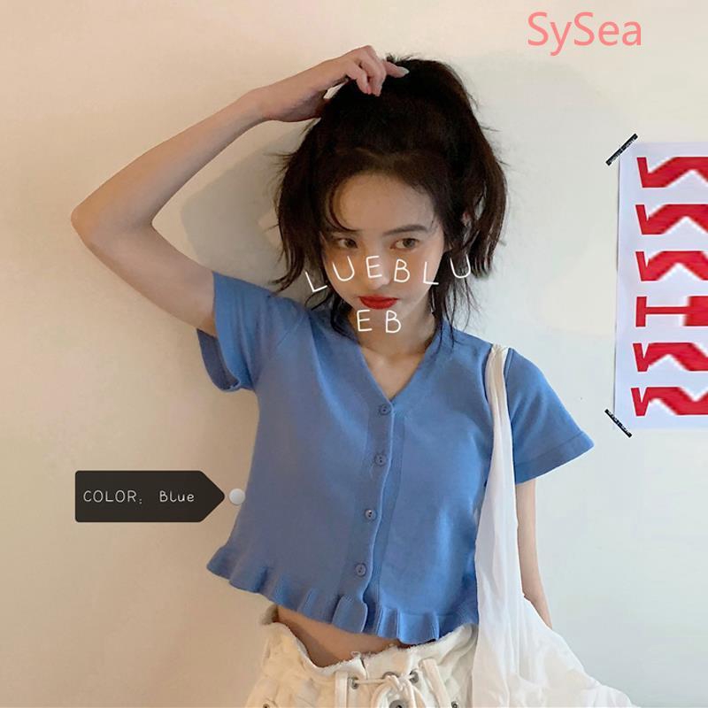 Áo croptop dệt kim ngắn tay màu trơn mùa hè cho nữ