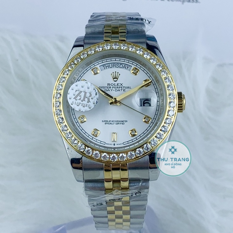 Đồng hồ nam Rolex- đồng hồ cơ Automatic Rolex classic mặt trắng viền đá dây demi 2 lịch