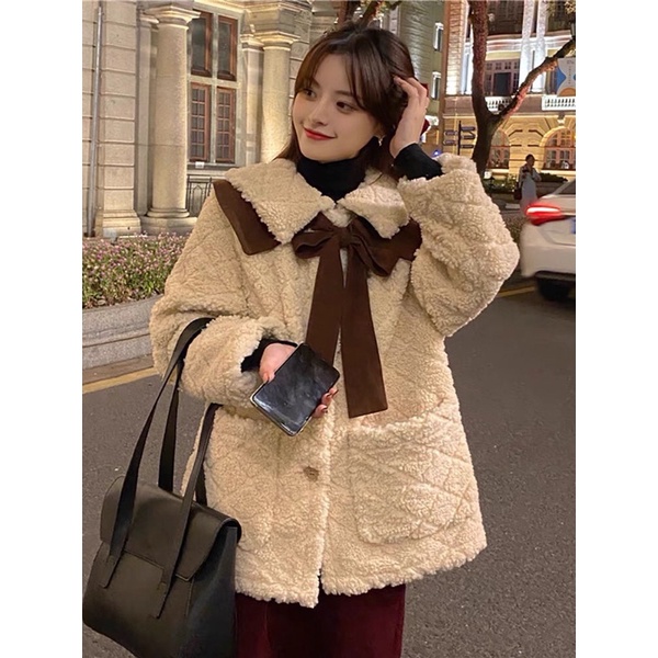 👑 Áo khoác lông cừu kèm vạt nơ điệu đà. Clip+Ảnh thật🍃🍃