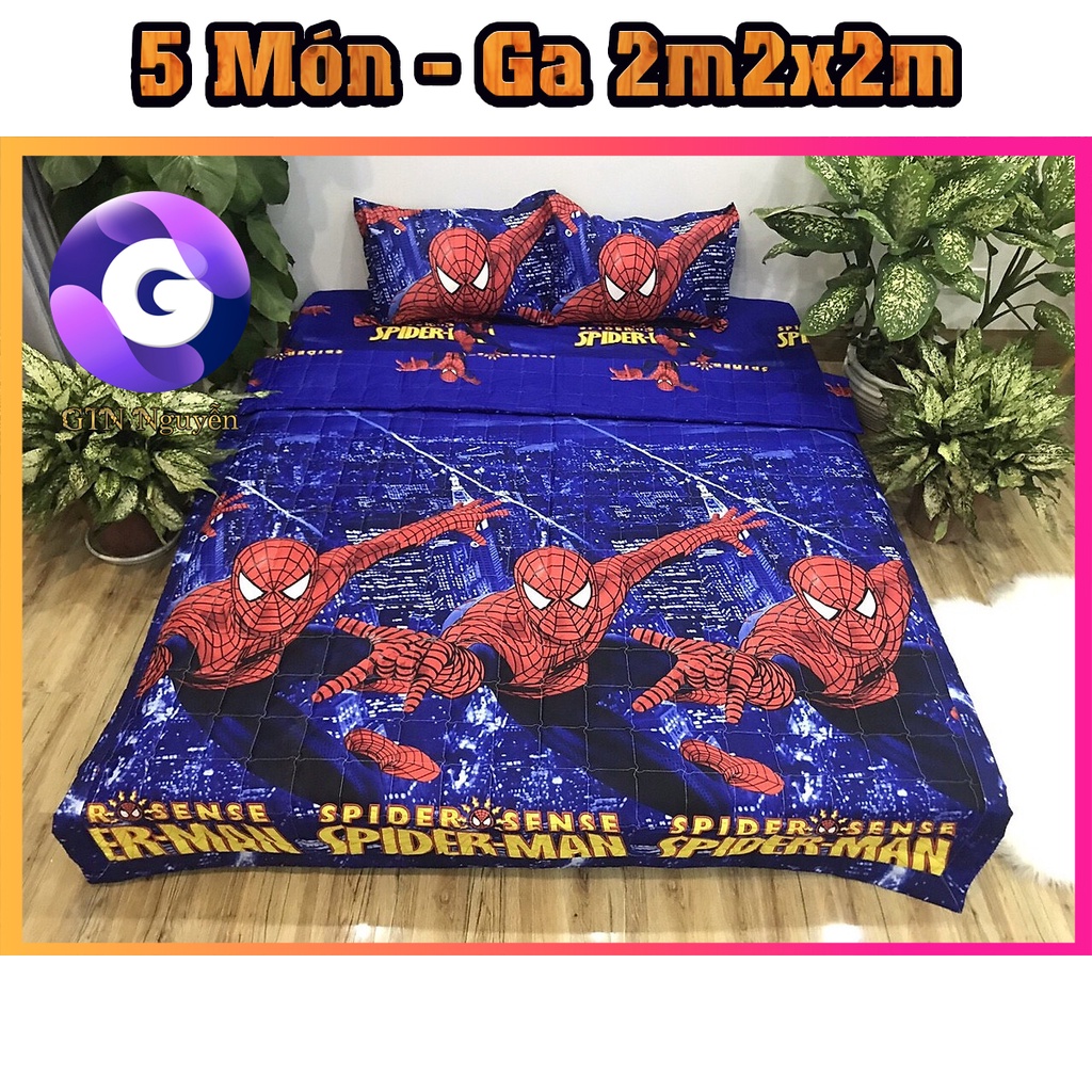 Bộ 5 Món Chăn Ga Vỏ Gối Người Nhện(1 Chăn + 1 Ga 2m2x2m + 1 Vỏ Gối Ôm Và 2 Vỏ Gối Đầu)