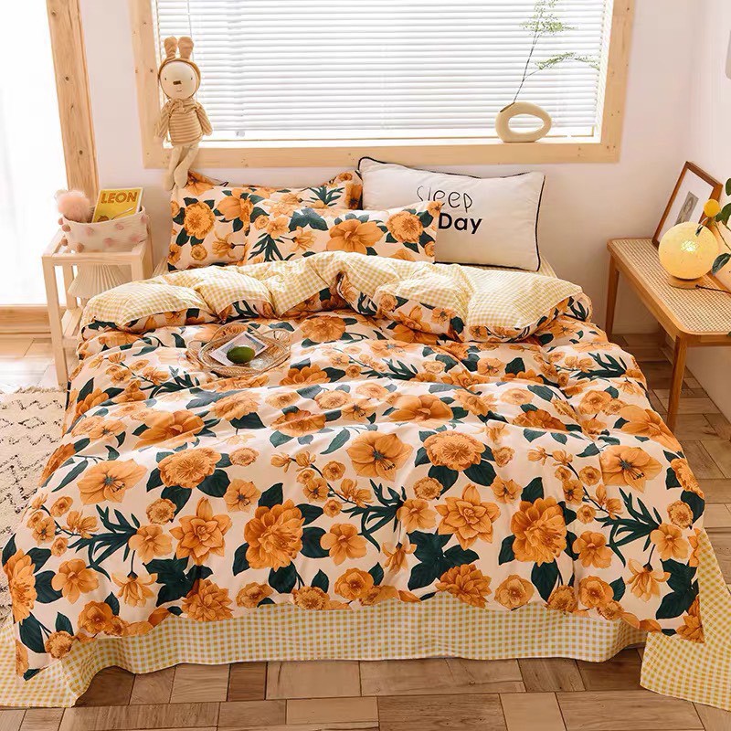 BỘ DRAP - CHĂN PHAO COTTON POLY HOA CAM