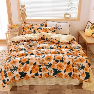 Bộ drap - chăn phao cotton poly hoa cam