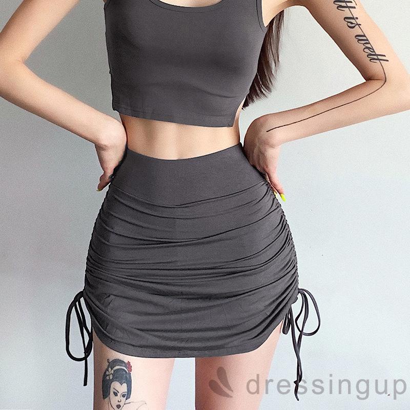 Chân Váy Ngắn Lưng Cao Màu Trơn Phối Dây Rút Thời Trang Cho Nữ