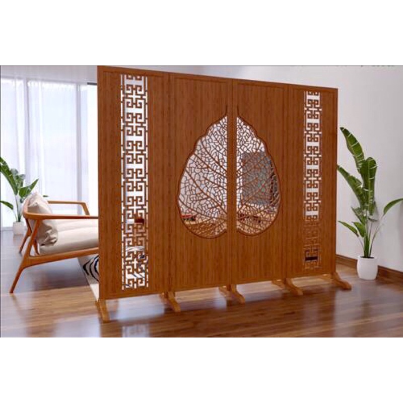 Bộ 4 tấm vách ngăn phòng, vách bình phong bằng gỗ hình Lá Bồ Đề màu gỗ cánh gián - HOME DECOR