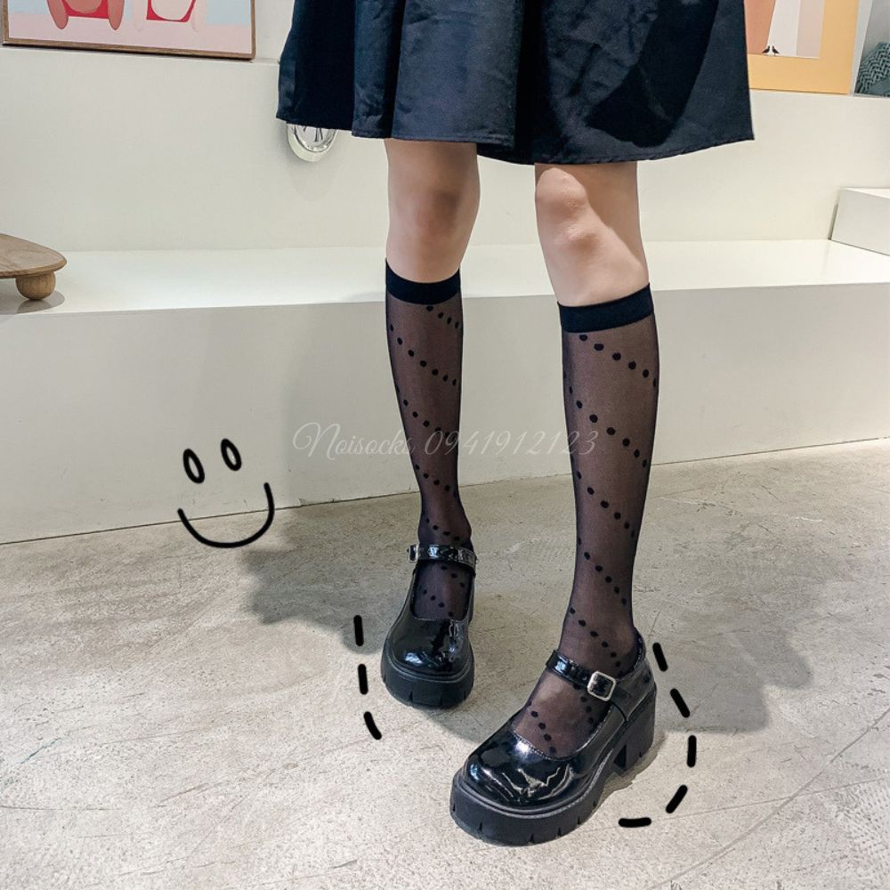 [Sỉ lẻ] Tất, vớ mỏng tới bắp chân thêu họa tiết Chấm Bi Leo, phong cách lolita, vô cùng dễ thương, sành điệu và cá tính
