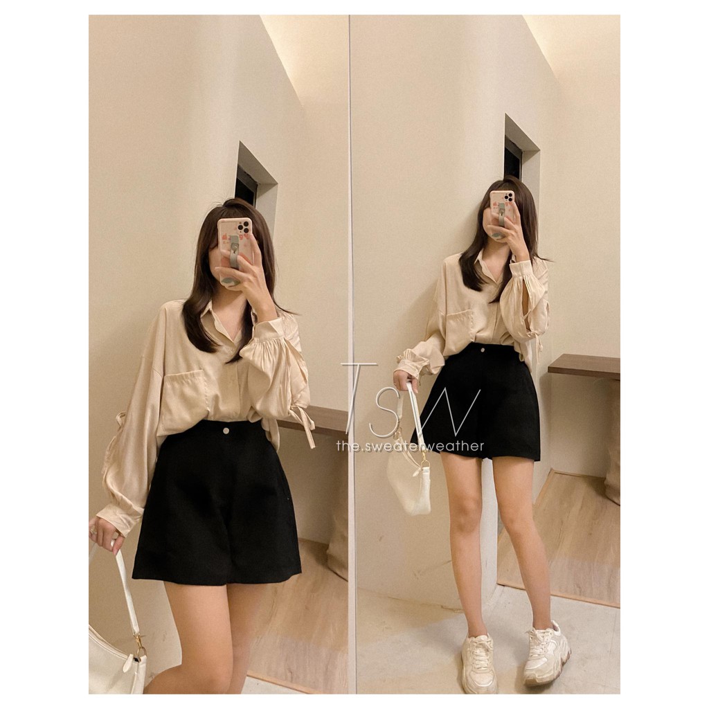 Quần short nữ thô cạp cao chiết eo ống rộng 153 - The Sweater Weather | BigBuy360 - bigbuy360.vn