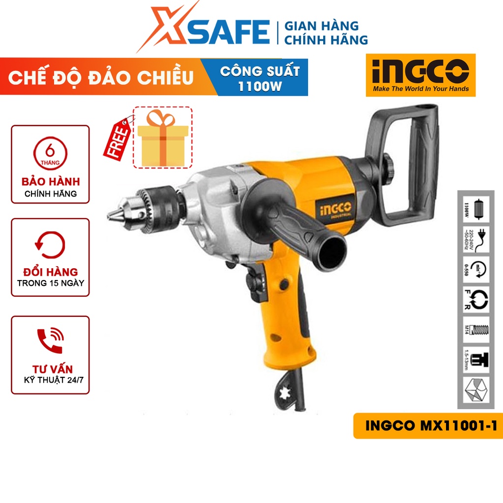 Máy trộn sơn INGCO MX11001-1 công suất 1100W, tốc độ không tải 0-550rpm, có chế độ đảo chiều, không kèm cần trộn sơn
