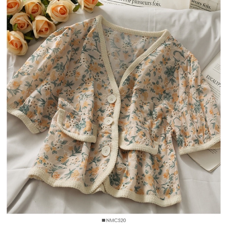 Áo sơ mi hoa nữ khuy cài DORIS, áo kiểu nữ ngắn tay cổ chữ V hàng Quảng Châu cao cấp siêu mềm mát