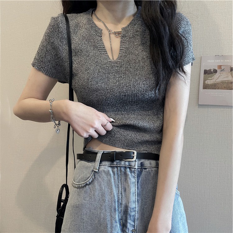 Áo dệt kim ZHELIHANGFEI ngắn tay cổ chữ V ôm dáng xinh xắn thời trang