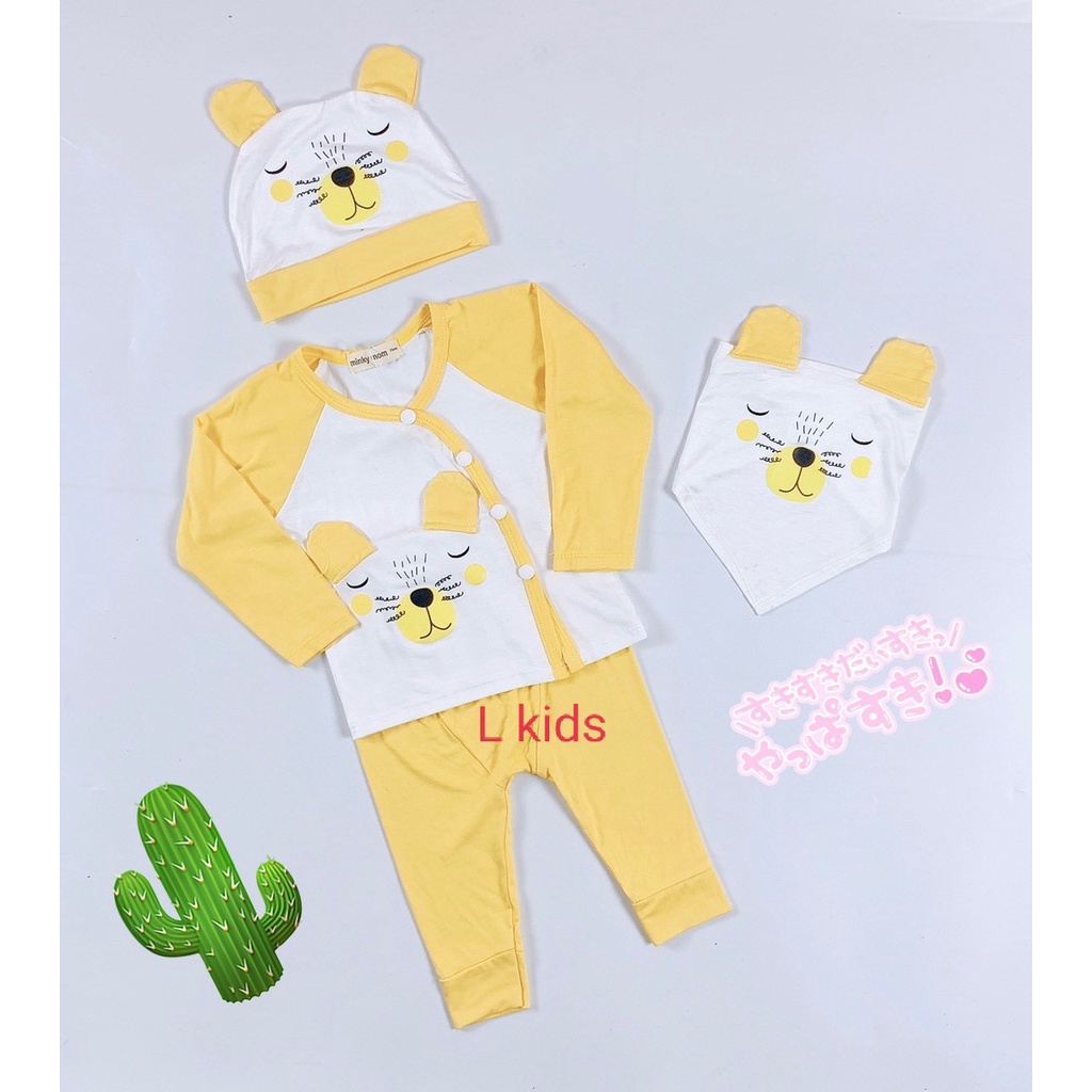 [Bé 6-13kg] Bộ dài tay sơ sinh kèm nón và khăn THUN LẠNH MINKY MOM Quần Đắp Đũng, Nút Cài Chéo, cho bé trai bé gái