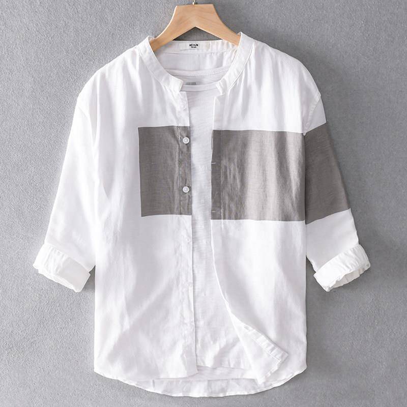Áo Sơ Mi Tay Lửng 7 Tấc Bằng Vải Lanh cotton Cổ Bẻ Màu Sắc Thời Trang Phong Cách Nhật Bản Cho Nam