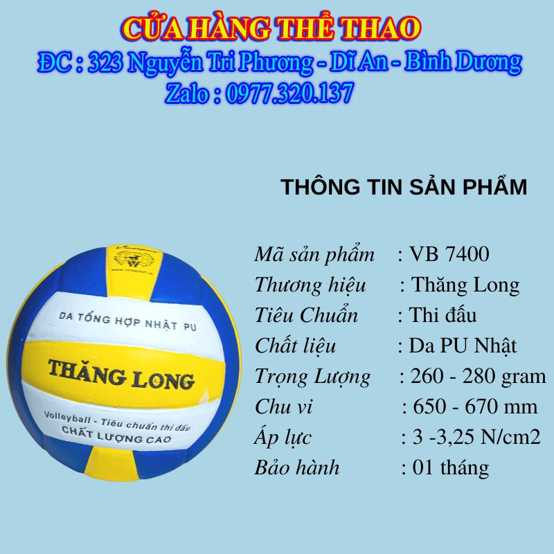 Bóng Chuyền Thăng Long VB 7400 Hàng Chính Hãng, da Nhật, tặng túi lưới đựng bóng và kim bơm tiêu chuẩn
