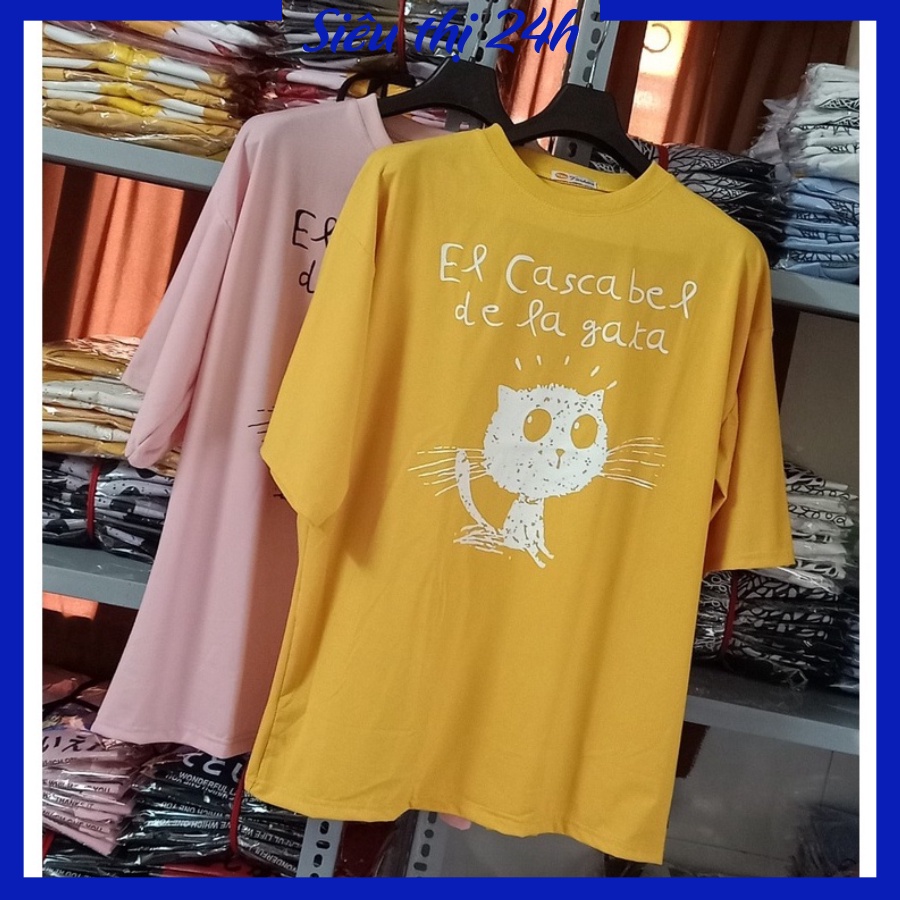 Áo thun form rộng tay lỡ, áo phông unisex Siêu thị 24 giờ in hình Mèo, chữ Cascabel dela gaka