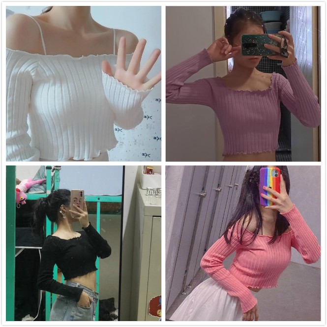 Áo Dệt Kim Tay Dài Trễ Vai Màu Tím Quyến Rũ Cho Nữ