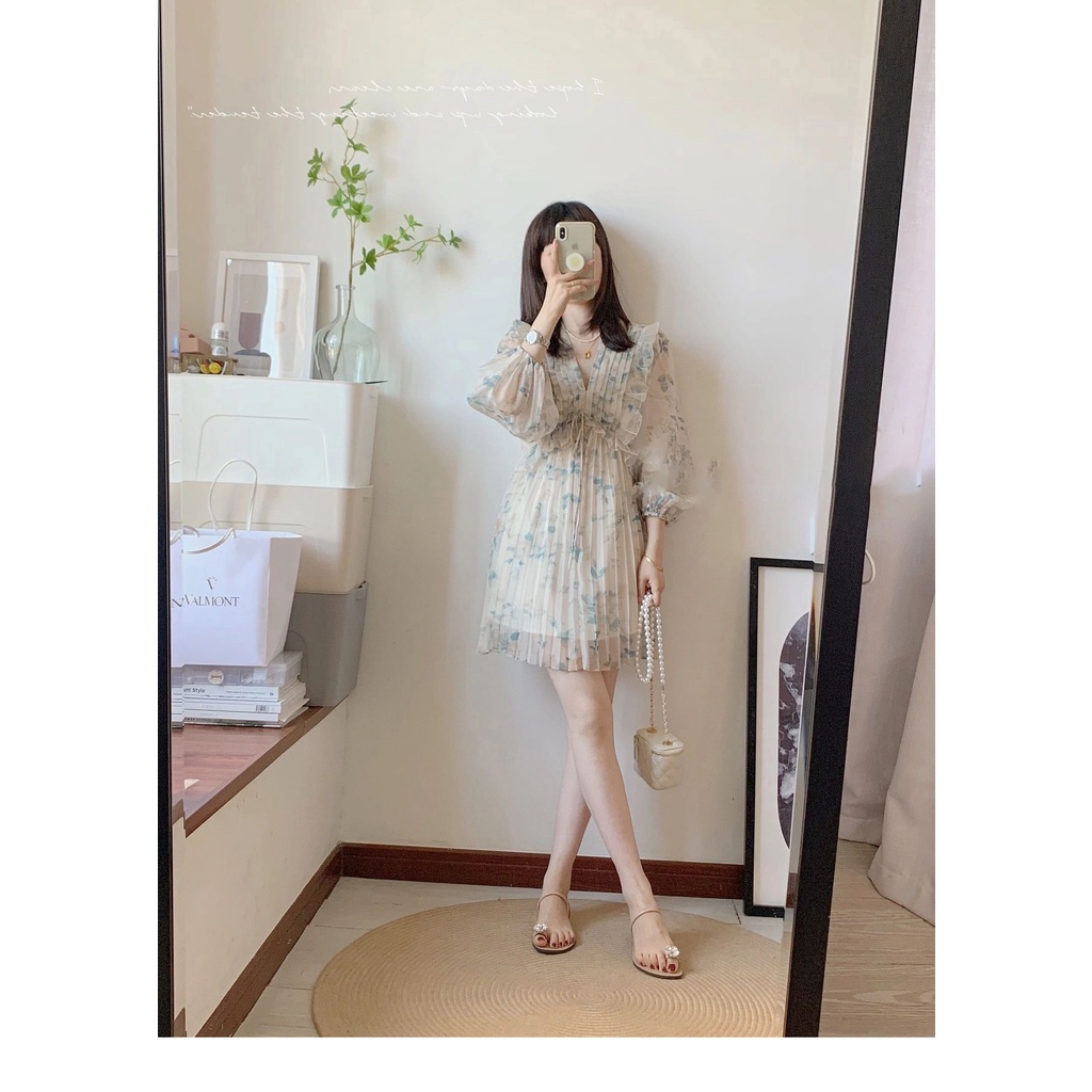 Đầm Voan Hoa Xếp Ly Phong Cách Retro Cho Nữ