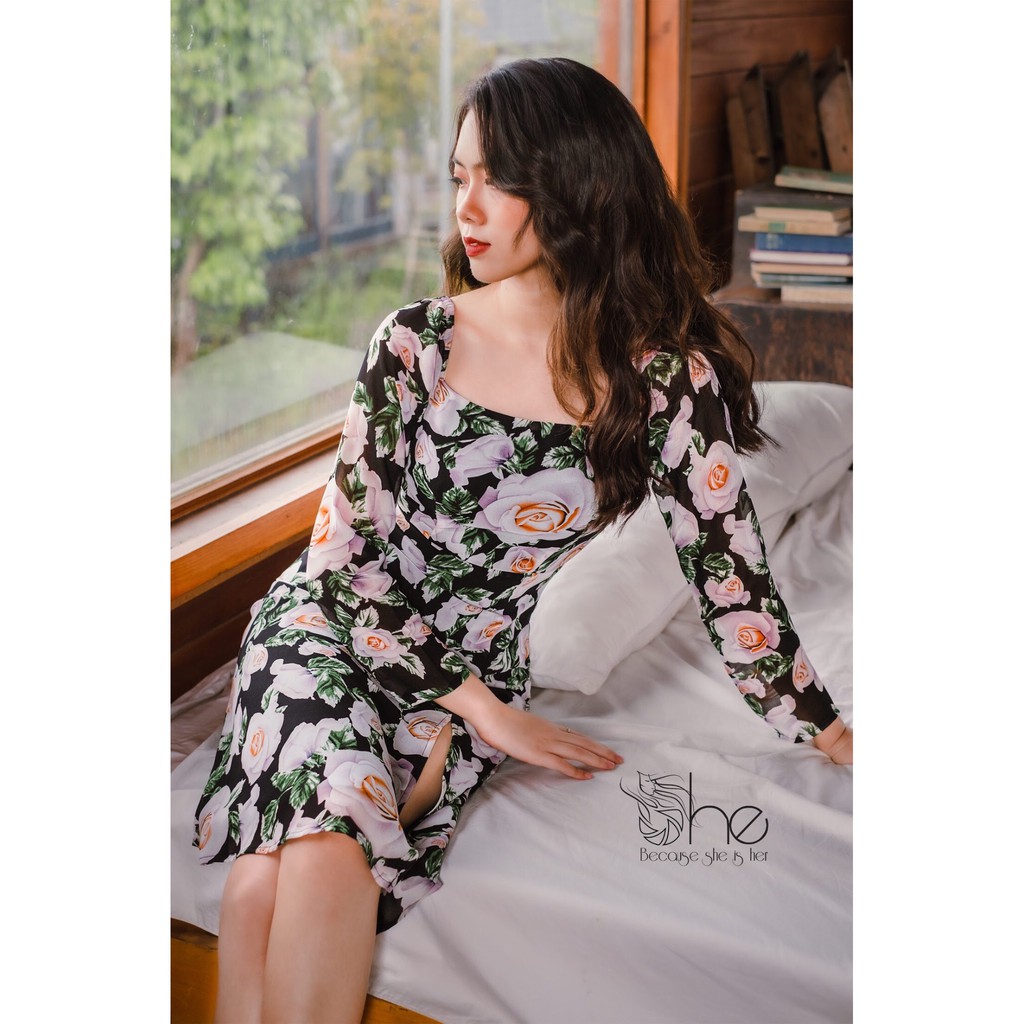 Lauren Dress - Đầm cổ vuông tay dài xẻ tà SDX92