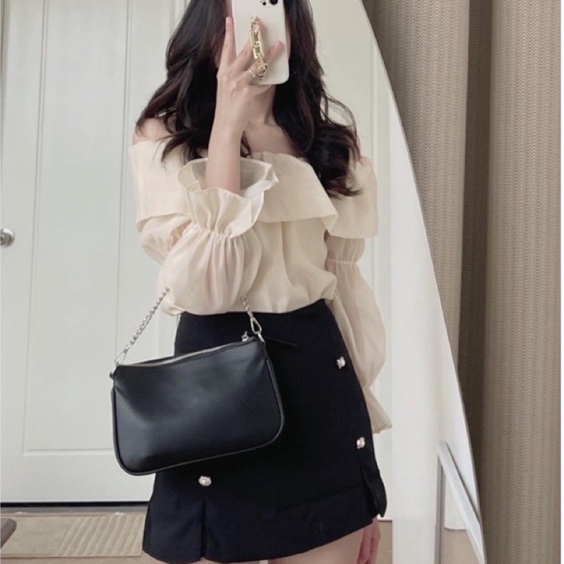 Set áo trễ vai phối chân váy ngắn 4khuy phong cách hàn quốc
