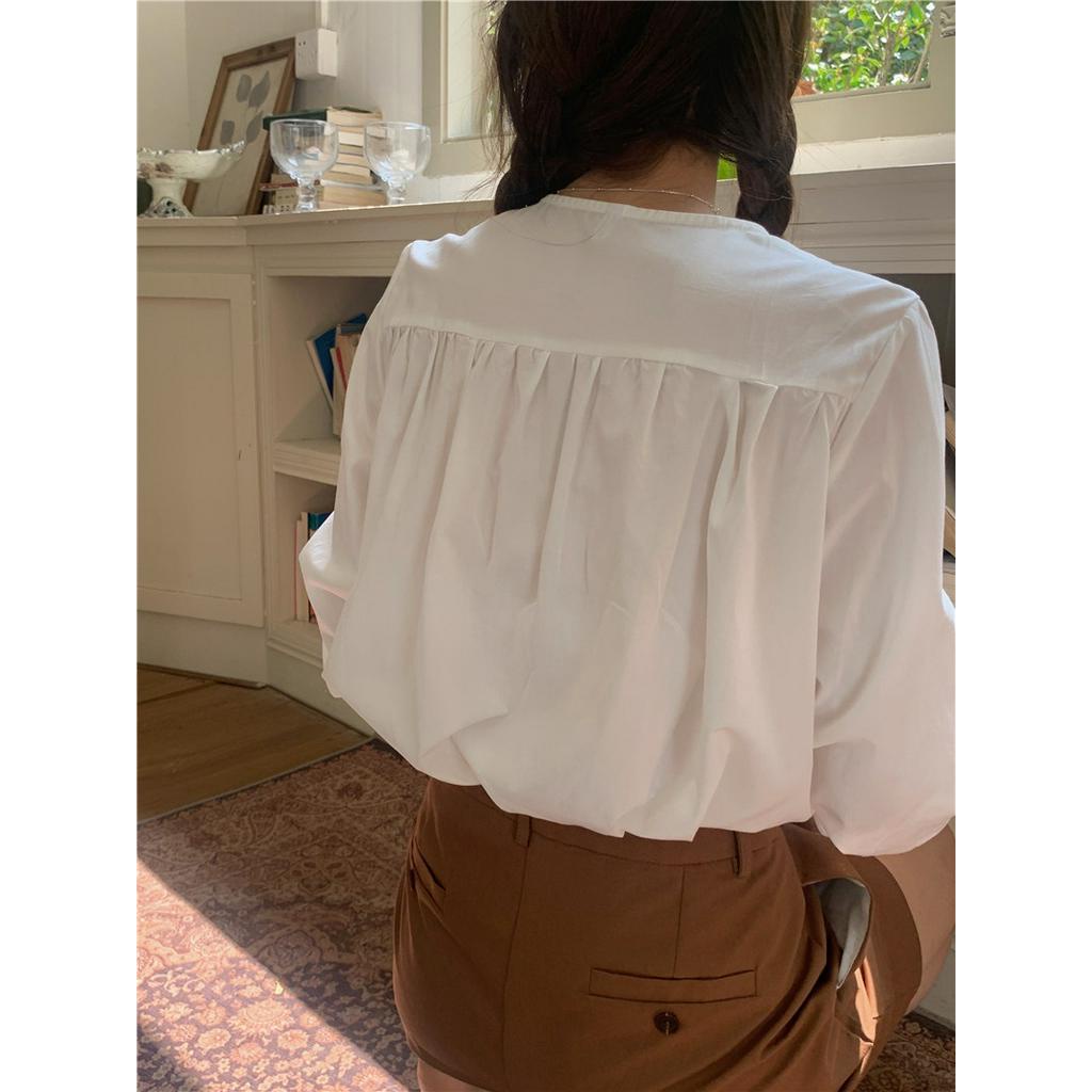 Áo Kiểu Tay Dài Cổ Chữ V Phối Ren Lỗ Màu Sắc Trơn Thời Trang 62063